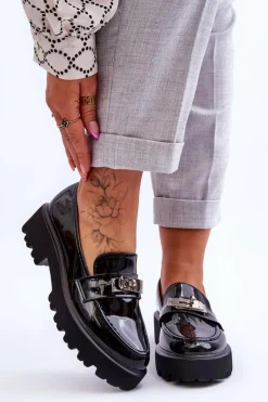 Sale Lakierowane Mokasyny Z Ozdobą Na Platformie Czarne Glory Damskie Mokasyny Damskie Lakierowane|Mokasyny Na Platformie