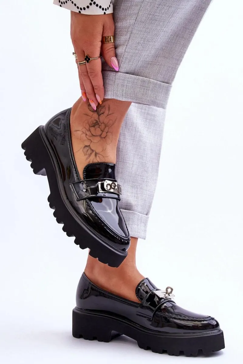 Sale Lakierowane Mokasyny Z Ozdobą Na Platformie Czarne Glory Damskie Mokasyny Damskie Lakierowane|Mokasyny Na Platformie