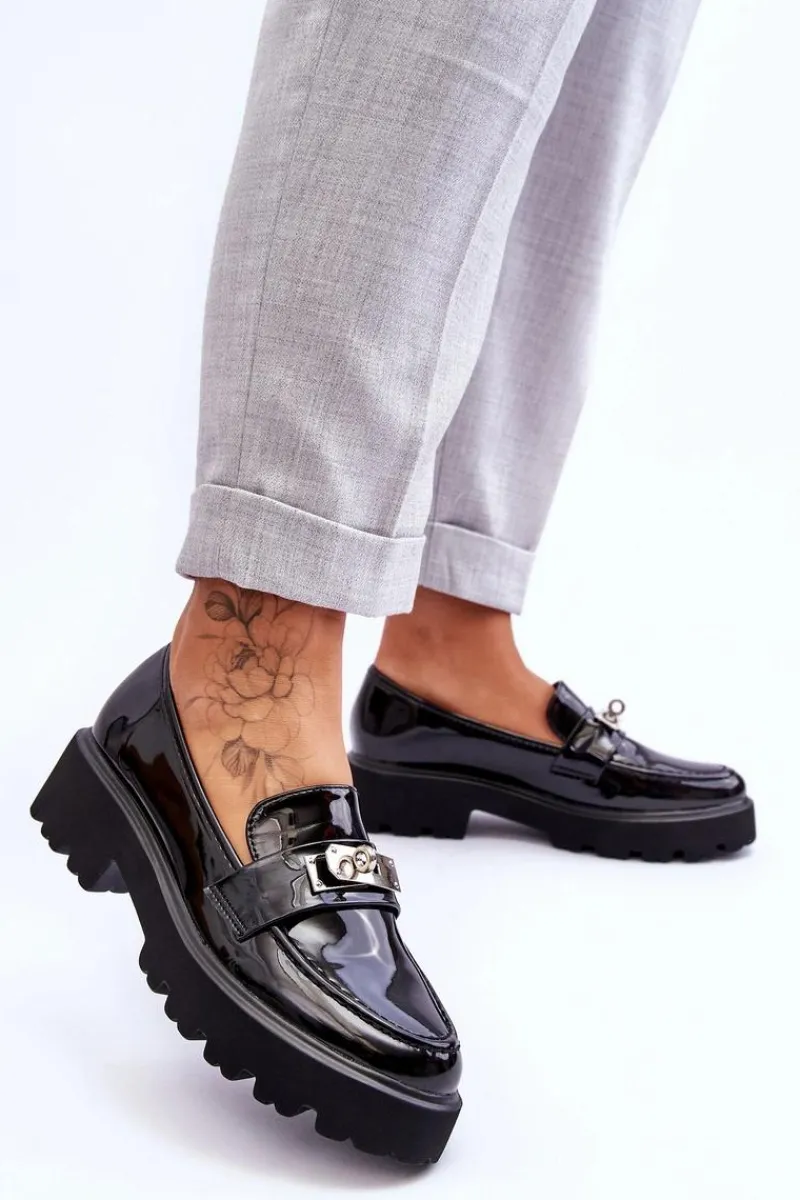 Sale Lakierowane Mokasyny Z Ozdobą Na Platformie Czarne Glory Damskie Mokasyny Damskie Lakierowane|Mokasyny Na Platformie