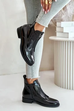 Damskie buty S.Barski Lakierowane Niskie Botki Damskie Na Płaskim Obcasie Ocieplane Czarne S.Barski HY42-120 Czarne Czarny