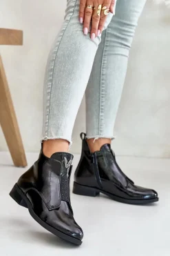 Damskie buty S.Barski Lakierowane Niskie Botki Damskie Na Płaskim Obcasie Ocieplane Czarne S.Barski HY42-120 Czarne Czarny