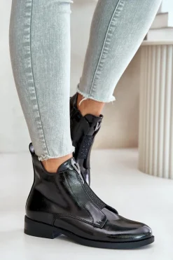 Damskie buty S.Barski Lakierowane Niskie Botki Damskie Na Płaskim Obcasie Ocieplane Czarne S.Barski HY42-120 Czarne Czarny