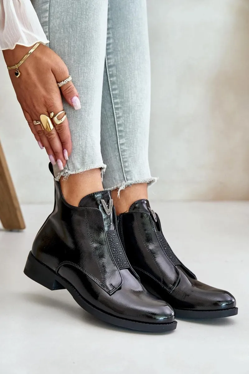 Damskie buty S.Barski Lakierowane Niskie Botki Damskie Na Płaskim Obcasie Ocieplane Czarne S.Barski HY42-120 Czarne Czarny