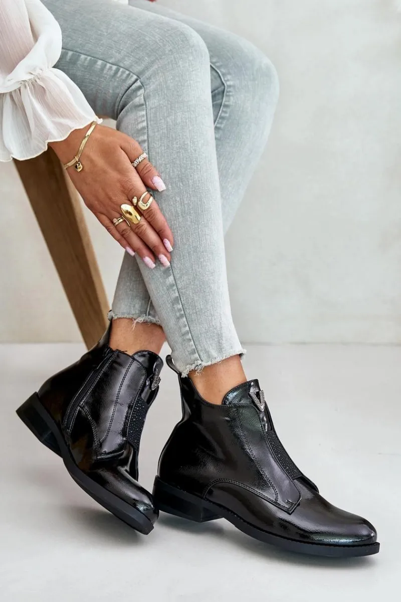 Damskie buty S.Barski Lakierowane Niskie Botki Damskie Na Płaskim Obcasie Ocieplane Czarne S.Barski HY42-120 Czarne Czarny