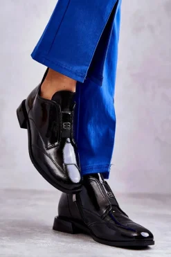 Hot Damskie buty S.Barski Lakierowane Niskie Botki Na Suwak Czarne Bettina