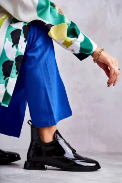 Hot Damskie buty S.Barski Lakierowane Niskie Botki Na Suwak Czarne Bettina