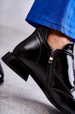 Hot Damskie buty S.Barski Lakierowane Niskie Botki Na Suwak Czarne Bettina