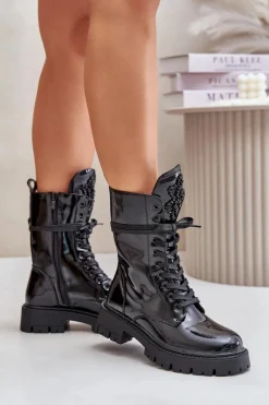 Hot Boto Lakierowane Ocieplane Botki Workery Z Ozdobą Czarne Kelilea Czarny