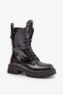 Hot Boto Lakierowane Ocieplane Botki Workery Z Ozdobą Czarne Kelilea Czarny