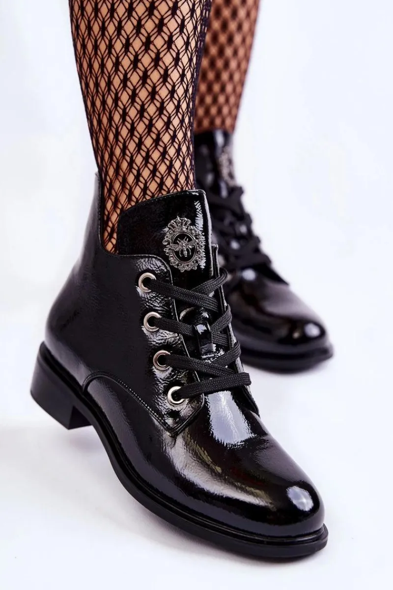 Botki Sznurowane|Czarne Botki>Damskie buty S.Barski Lakierowane Ocieplane Botki Sznurowane Czarne Enrica