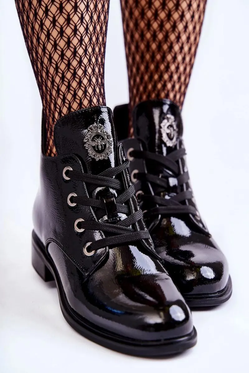 Botki Sznurowane|Czarne Botki>Damskie buty S.Barski Lakierowane Ocieplane Botki Sznurowane Czarne Enrica