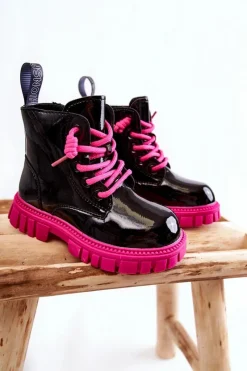 New Boto Lakierowane Ocieplane Botki Czarno-Różowe Heidi