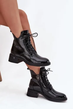 Hot Buty damskie Vinceza Lakierowane Ocieplane Botki Damskie Na Klocku Vinceza 58602 Czarne Czarny