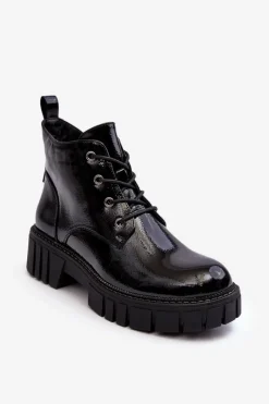 Outlet Lakierowane Ocieplane Botki Sznurowane Czarne Bjorg Damskie Botki Sznurowane|Czarne Botki