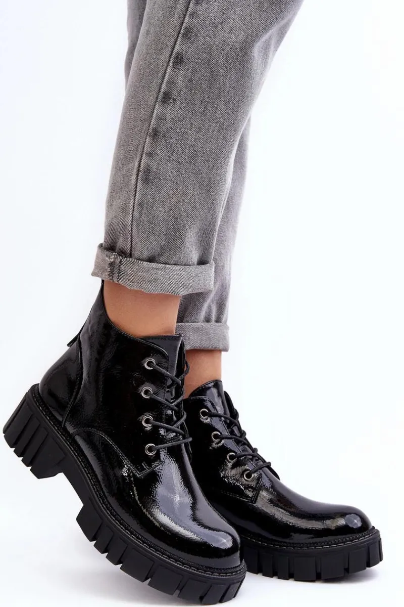 Outlet Lakierowane Ocieplane Botki Sznurowane Czarne Bjorg Damskie Botki Sznurowane|Czarne Botki