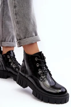 Outlet Lakierowane Ocieplane Botki Sznurowane Czarne Bjorg Damskie Botki Sznurowane|Czarne Botki