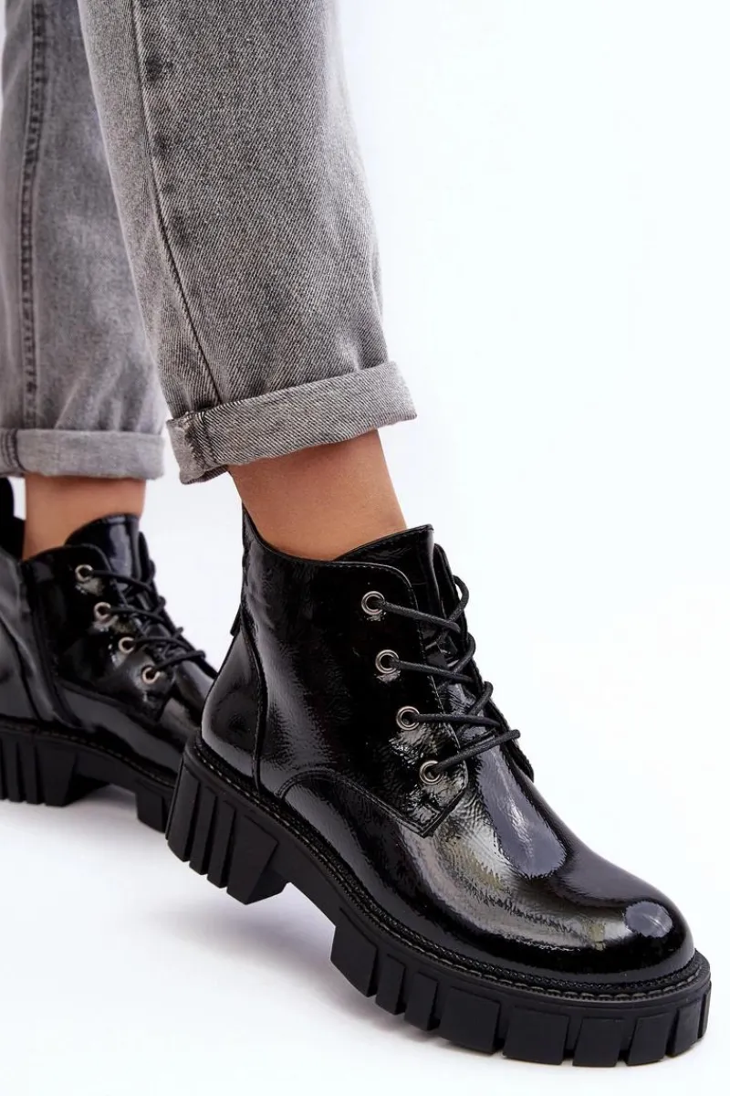 Outlet Lakierowane Ocieplane Botki Sznurowane Czarne Bjorg Damskie Botki Sznurowane|Czarne Botki
