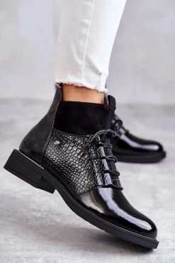 New Lakierowane Ocieplane Botki Sznurowane Czarne Cathrine Damskie Botki Sznurowane|Czarne Botki