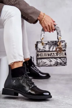 New Lakierowane Ocieplane Botki Sznurowane Czarne Cathrine Damskie Botki Sznurowane|Czarne Botki