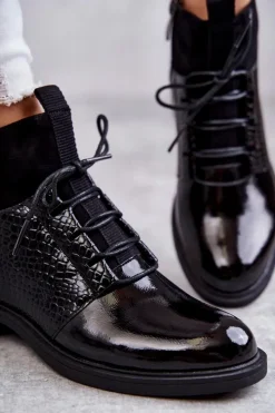 New Lakierowane Ocieplane Botki Sznurowane Czarne Cathrine Damskie Botki Sznurowane|Czarne Botki