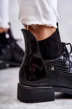 New Lakierowane Ocieplane Botki Sznurowane Czarne Cathrine Damskie Botki Sznurowane|Czarne Botki