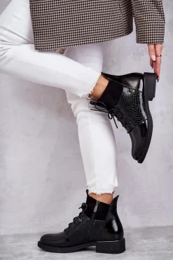 New Lakierowane Ocieplane Botki Sznurowane Czarne Cathrine Damskie Botki Sznurowane|Czarne Botki