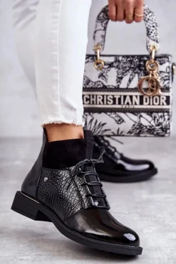 New Lakierowane Ocieplane Botki Sznurowane Czarne Cathrine Damskie Botki Sznurowane|Czarne Botki