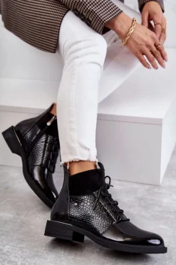 New Lakierowane Ocieplane Botki Sznurowane Czarne Cathrine Damskie Botki Sznurowane|Czarne Botki