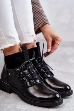 New Lakierowane Ocieplane Botki Sznurowane Czarne Cathrine Damskie Botki Sznurowane|Czarne Botki