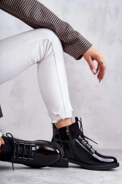 New Lakierowane Ocieplane Botki Sznurowane Czarne Cathrine Damskie Botki Sznurowane|Czarne Botki