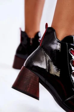 Outlet Buty damskie Vinceza Lakierowane Ocieplane Botki Sznurowane Czarne Tove