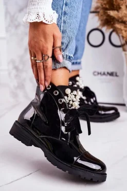 Online Lakierowane Ocieplane Botki Z Perełkami I Wstążką Czarne Perla Damskie Botki Sznurowane|Czarne Botki