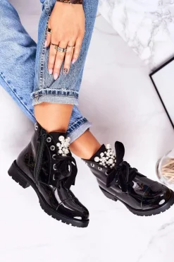 Online Lakierowane Ocieplane Botki Z Perełkami I Wstążką Czarne Perla Damskie Botki Sznurowane|Czarne Botki