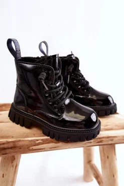 Outlet Lakierowane Ocieplane Botki Czarne Heidi Dzieci Dziewczęce