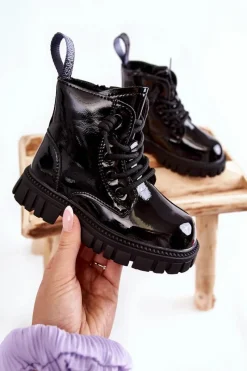 Outlet Lakierowane Ocieplane Botki Czarne Heidi Dzieci Dziewczęce