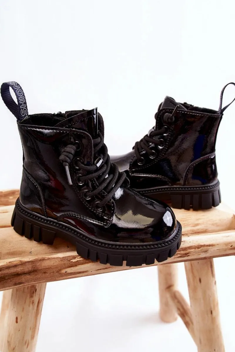 Outlet Lakierowane Ocieplane Botki Czarne Heidi Dzieci Dziewczęce