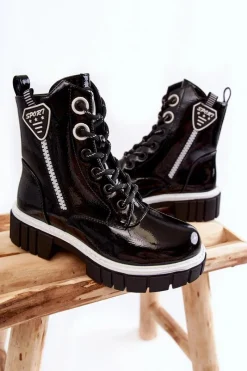 Dziewczęce>Damskie buty S.Barski Lakierowane Ocieplane Botki Na Suwak Czarne Marcella