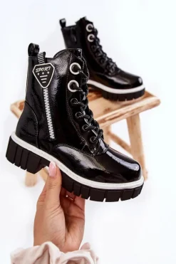 Dziewczęce>Damskie buty S.Barski Lakierowane Ocieplane Botki Na Suwak Czarne Marcella