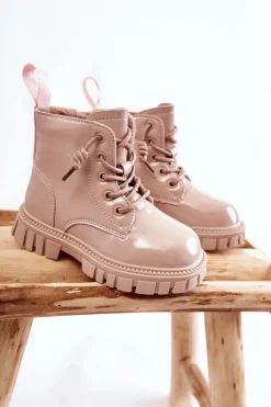 Clearance Boto Lakierowane Ocieplane Botki Jasnobeżowe Heidi