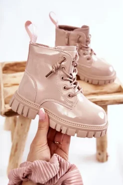 Clearance Boto Lakierowane Ocieplane Botki Jasnobeżowe Heidi
