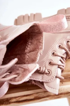 Clearance Boto Lakierowane Ocieplane Botki Jasnobeżowe Heidi