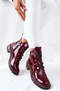 Botki Sznurowane|Czarne Botki>Buty damskie Vinceza Lakierowane Ocieplane Botki Bordowe Cloghan