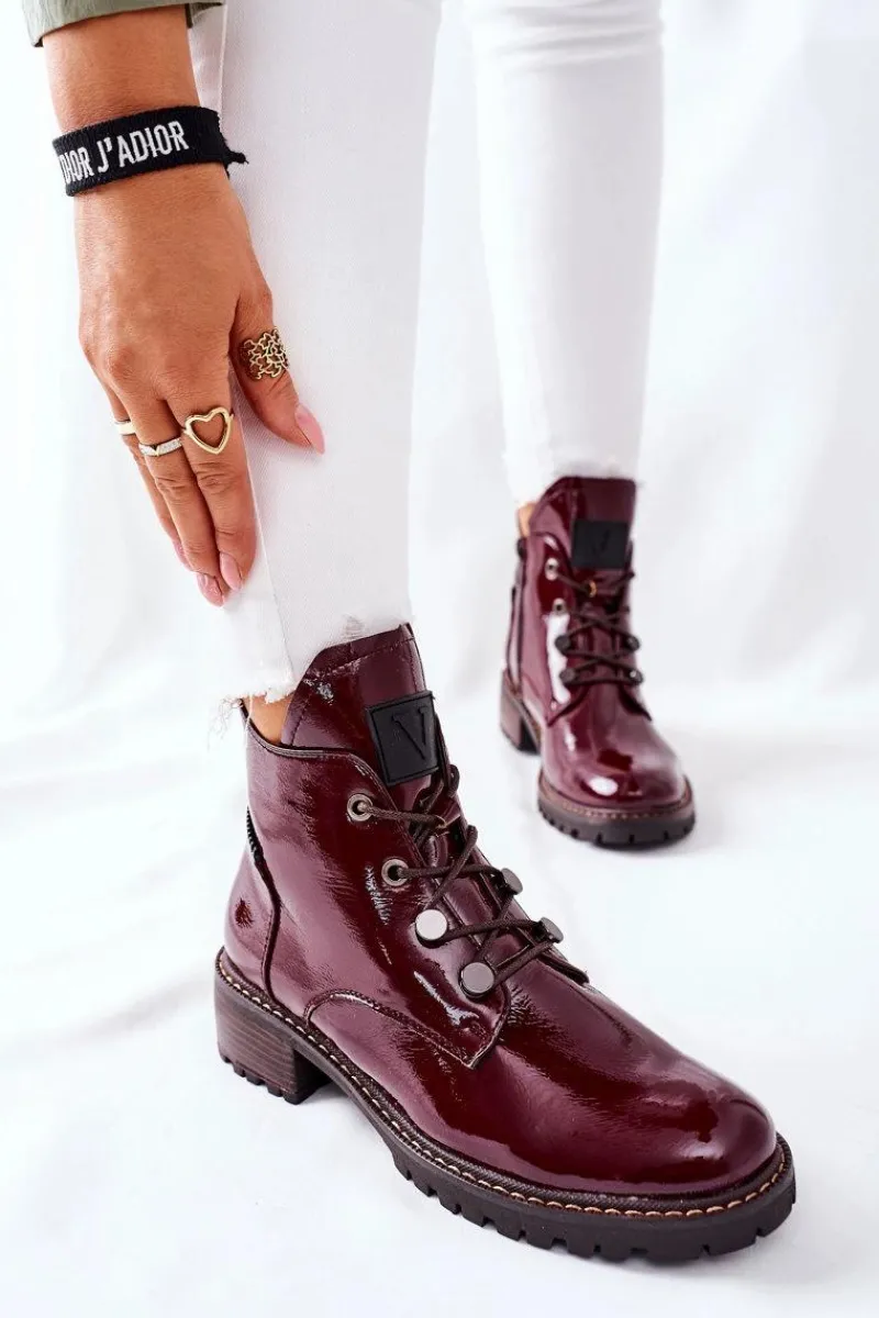 Botki Sznurowane|Czarne Botki>Buty damskie Vinceza Lakierowane Ocieplane Botki Bordowe Cloghan