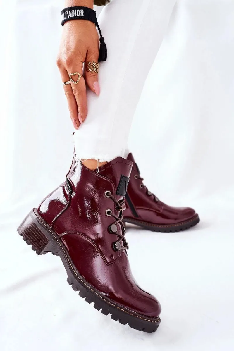 Botki Sznurowane|Czarne Botki>Buty damskie Vinceza Lakierowane Ocieplane Botki Bordowe Cloghan