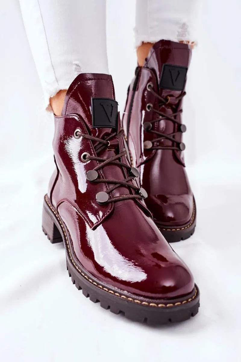 Botki Sznurowane|Czarne Botki>Buty damskie Vinceza Lakierowane Ocieplane Botki Bordowe Cloghan