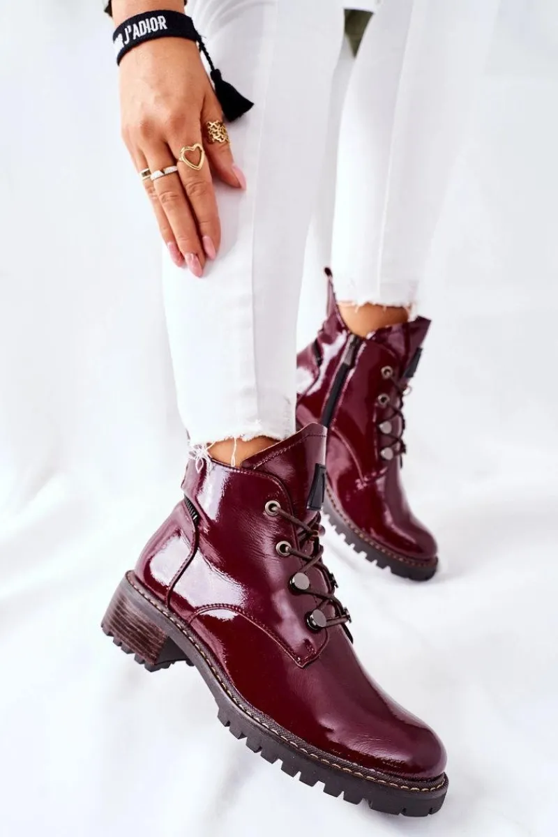 Botki Sznurowane|Czarne Botki>Buty damskie Vinceza Lakierowane Ocieplane Botki Bordowe Cloghan