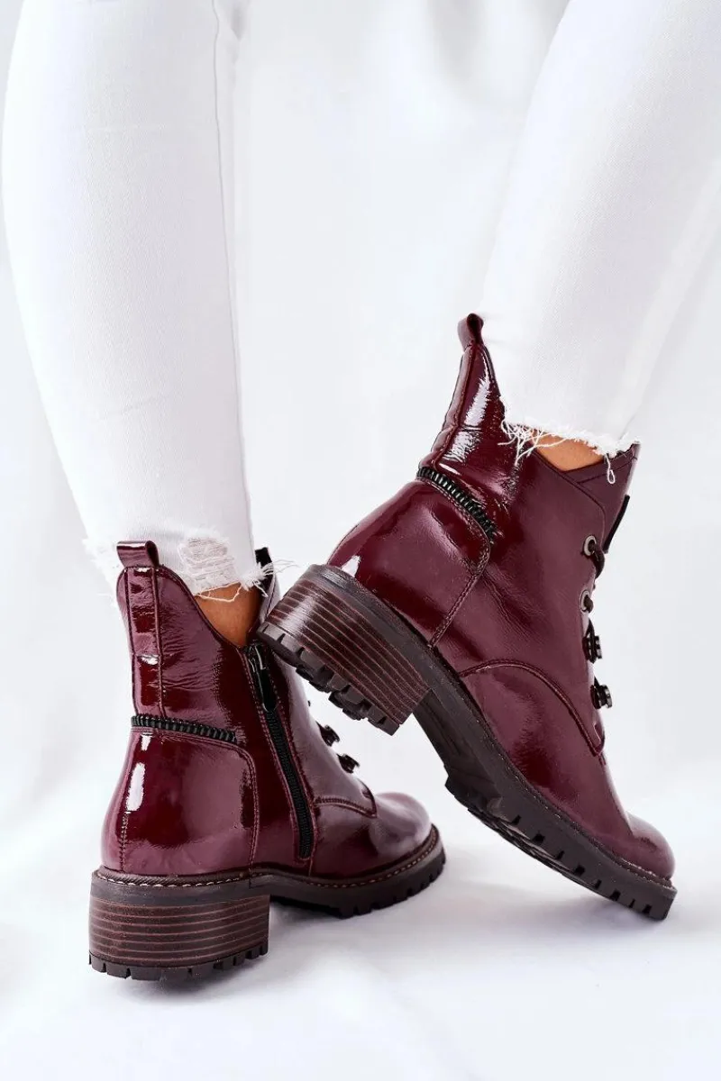 Botki Sznurowane|Czarne Botki>Buty damskie Vinceza Lakierowane Ocieplane Botki Bordowe Cloghan