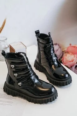 Clearance Boto Lakierowane Ocieplane Botki Dziewczęce Czarne Rilina