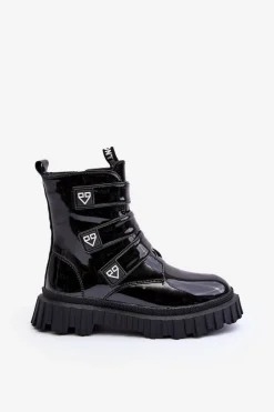 Clearance Boto Lakierowane Ocieplane Botki Dziewczęce Czarne Rilina