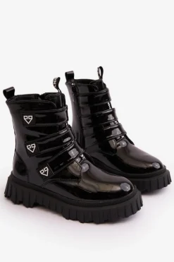 Clearance Boto Lakierowane Ocieplane Botki Dziewczęce Czarne Rilina